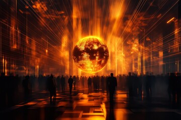 a large golden disco ball with an intense warm glow, spinning in a modern club, beams of yellow and...