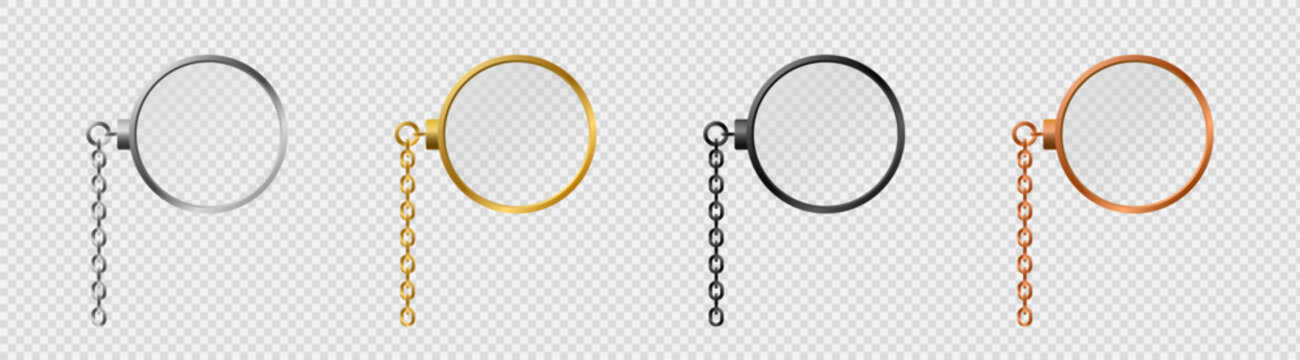 Vintage monocles on chain template. Stylish bronze single eye glasses for retro gentlemen with classic gold and silver frames with an elegant vector design