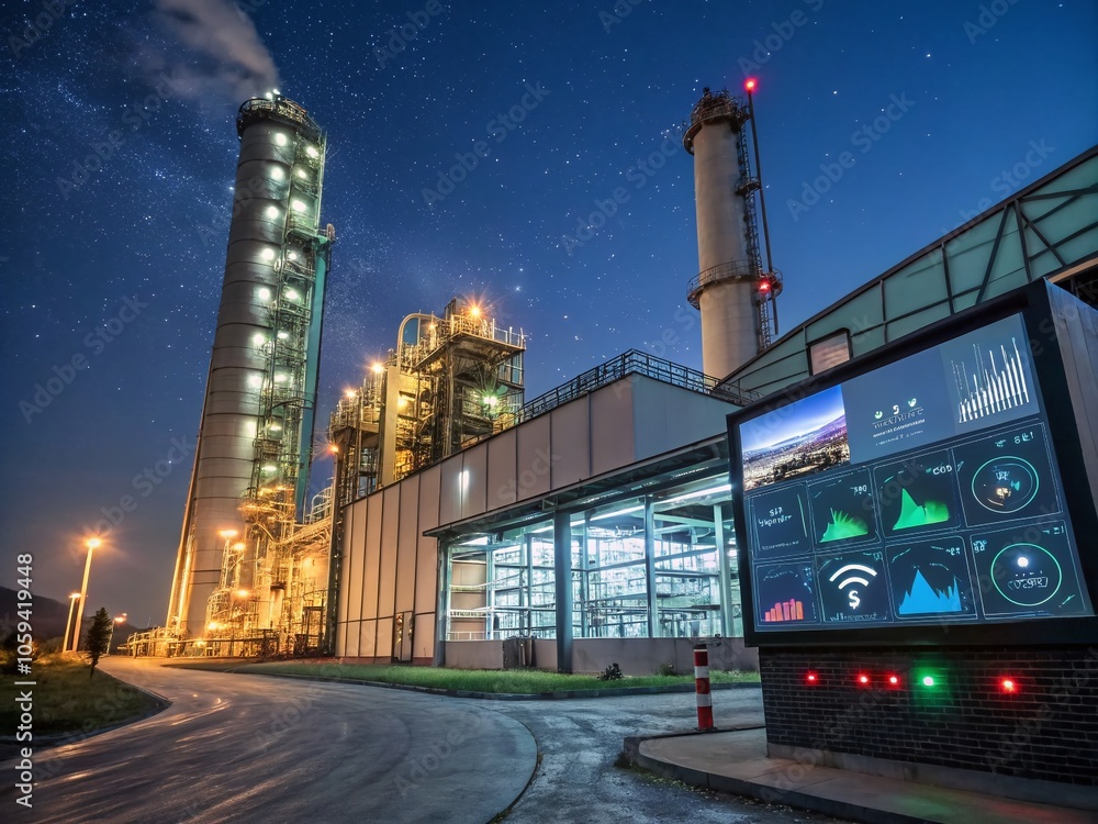 Poster Smart Factory Automation and IoT in Night Photography for Digital Transformation and Big Data Monitoring