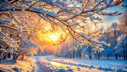 Snow-Covered Tree Branches in Winter Wonderland - Serene Nature, Frosty Landscape, Winter Scene, Tranquil Beauty, Scenic Outdoors, Snowy Forest, Nature's Art, Seasonal Change, Cold Weather