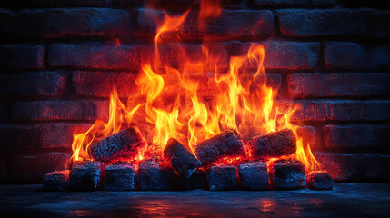 Bright flames dance above glowing embers in a cozy brick fireplace, creating a warm and inviting atmosphere during a chilly night