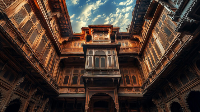 Majestatyczny budynek emanuje urokiem i historią. Misternie rzeźbione drewniane fasady zachwycają detalami, a bogate ornamenty zdobią okna i drzwi. 