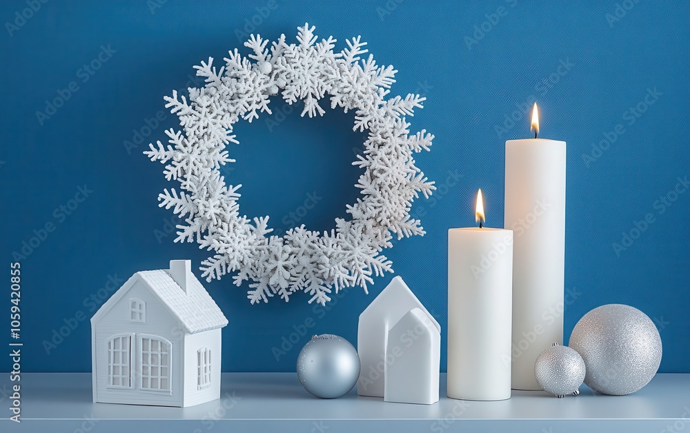 Wall mural christmas-themed product shot in high resolution, showcasing a wreath with white snowflakes, small h