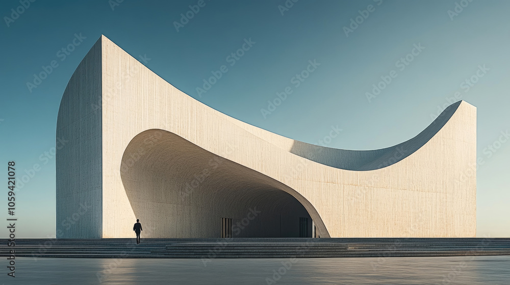 Poster a striking structure showcases innovative design with sweeping curves and a minimalist façade, captu