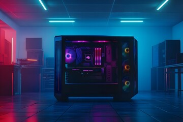 Fototapeta premium gaming computer with neon lights and RGB lighting, representing futuristic setup and modern technology