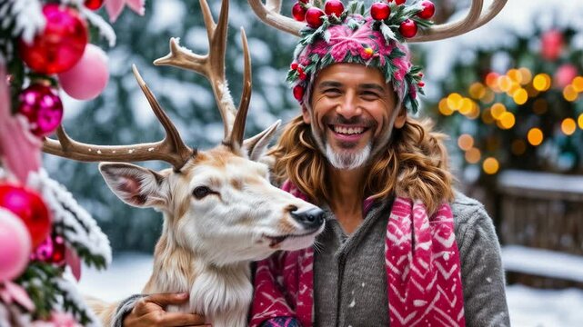 Beautiful Christmas deer in a snowy forest, symbol of the New Year