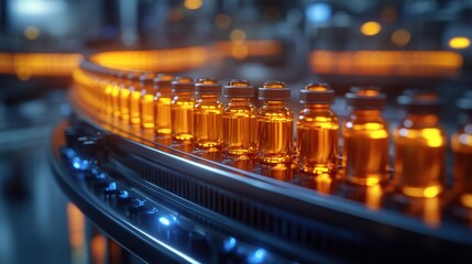 A close-up of a conveyor belt in a pharmaceutical factory, with rows of amber glass vials filled with liquid.
