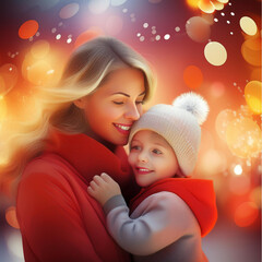 Happy smiling mother hugging beautiful baby. Mom holding her baby in her arms against Christmas lights and bokeh