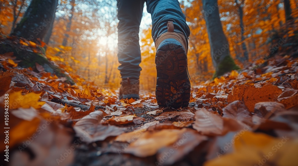 Poster a hiker strolls along a leaf-strewn path in a forest, surrounded by vibrant orange and yellow trees 