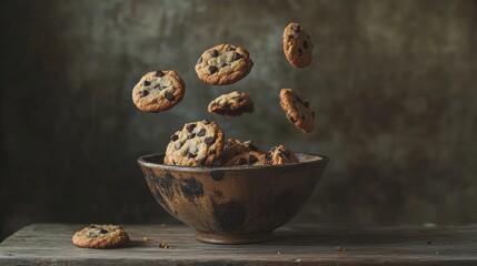 Chocolate chip cookies falling into rustic bowl