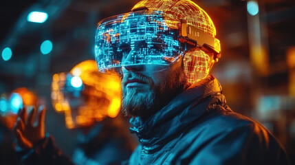A man engages with advanced technology while wearing a luminous augmented reality headset in a vibrant, illuminated cityscape at night