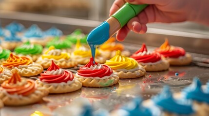 A student carefully piping colored icing onto a sugar cookie creating a beautifully decorated treat.