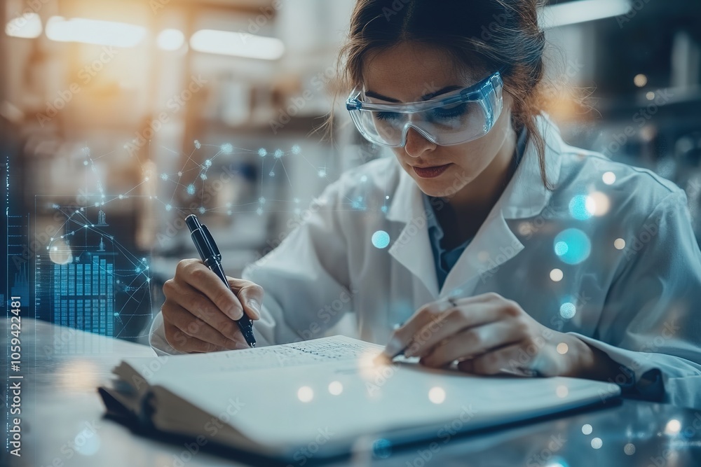 Poster futuristic scientist working with glowing data points.