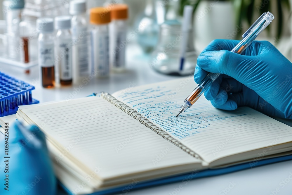Poster close-up of scientist hands with gloves taking notes in lab
