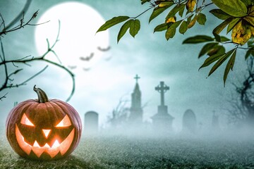 Spooky Halloween Pumpkin with Glowing Eyes - Chilling Night Decor for Halloween Celebrations