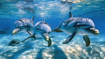 Fototapeta premium Pod of dolphins swimming together in crystal-clear waters, displaying their social nature.