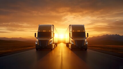 Transportation logistics at golden hour with semi-truck on highway, fast delivery, commercial freight, road travel, industry, sunset, dynamic.