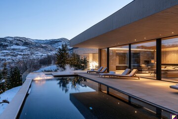 Fototapeta premium A magnificent mountain villa features a stunning infinity edge pool and floor-to-ceiling windows, embracing the breathtaking snowy backdrop, perfect for escapists.