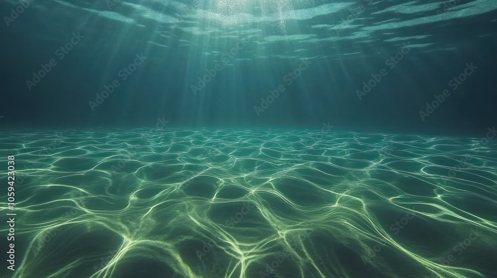 Poster sunlight beams down through the clear blue water, creating a pattern of light and shadow on the sand
