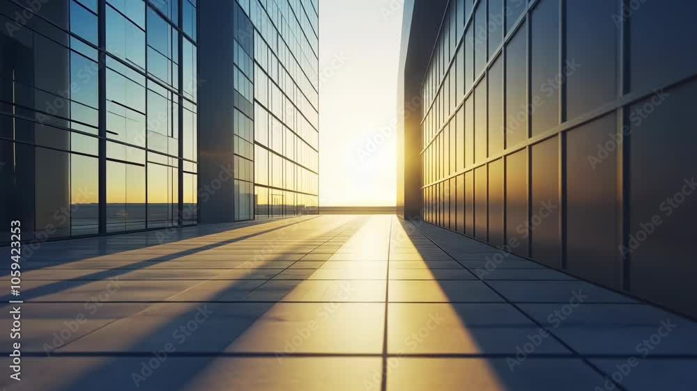 Poster sunlight streams through a gap between two glass office buildings, creating long shadows on the conc
