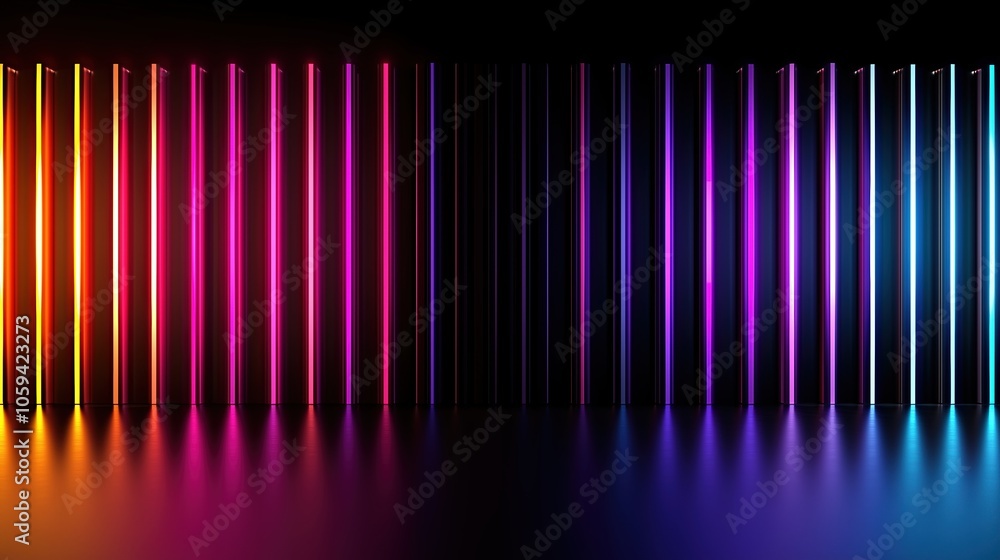Poster colorful display of neon lights in a dark room. the lights are arranged in a row, with each one in a