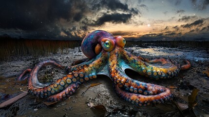 Fototapeta premium Giant octopus emerging from the ocean at sunset under a starry sky