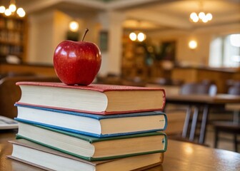 Stack of Books and Apple on a Wooden Table - Inspiring Study Session with Educational Elements