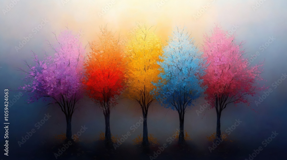 Poster painting of five trees with different colored leaves. the trees are arranged in a row, with the tall