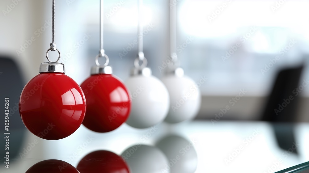 Poster row of red and white christmas ornaments hanging from a string. the red and white balls are suspende