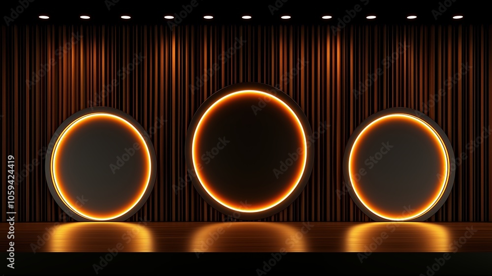 Poster stage with three large circular lights on it. the lights are orange and are in the center of the sta