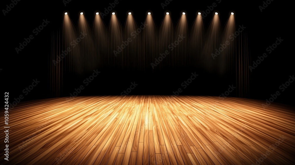 Poster stage with a spotlight on it. the stage is empty and the lights are on. scene is dramatic and intens