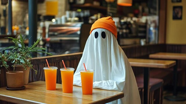A ghost in an orange hat enjoys three orange drinks at a cafe