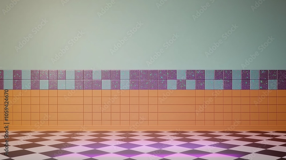 Poster wall with a checkered pattern and a purple border. the wall is empty and has a checkered pattern