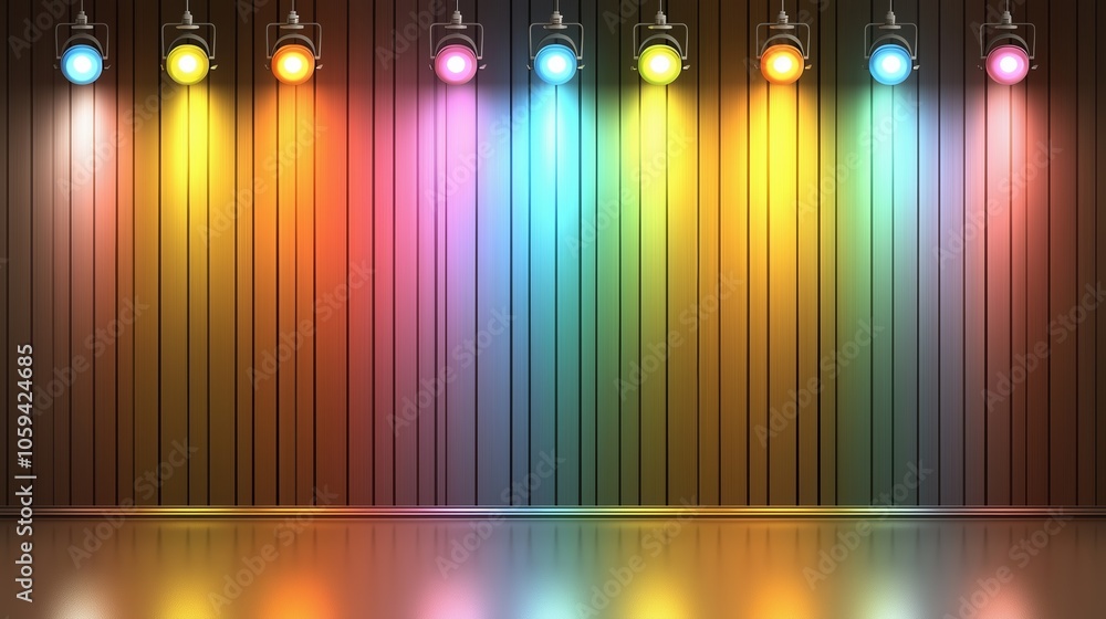 Poster wall with lights of different colors. the lights are arranged in a row and are of different colors