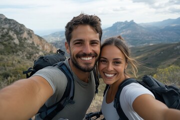 Two smiling hikers pose against a backdrop of hills and expansive valleys, embodying the spirit of exploration, adventure, and togetherness in travel.