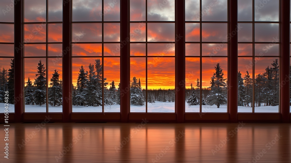 Poster beautiful view of a forest with trees and a stunning sunset in the background. the scene is set in a