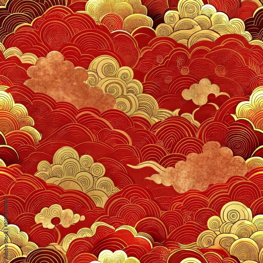 Poster elegant red and gold cloud pattern with curved abstract design elements