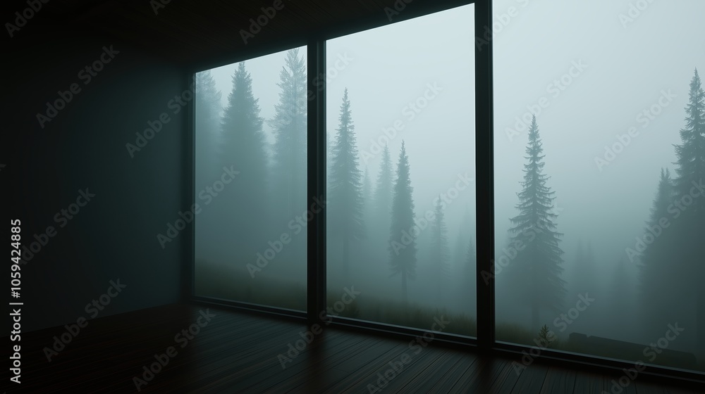Poster window with trees outside and a foggy atmosphere. the room is empty and the trees are in the backgro