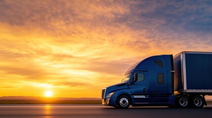 Classic semi-truck cruising on rural highway at sunset, golden sunlight, freight transport, commercial vehicle, long-distance haul, travel, logistics.