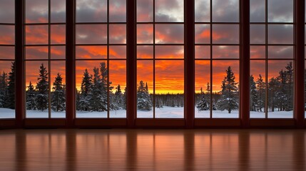 Fototapeta premium Beautiful view of a forest with trees and a stunning sunset in the background. The scene is set in a large room with many windows, allowing for a clear view of the outside