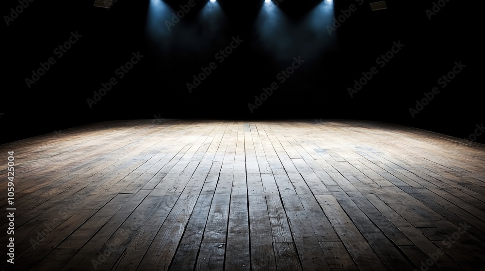 Poster stage with a spotlight on it. the stage is empty and the lights are on. scene is dramatic and intens