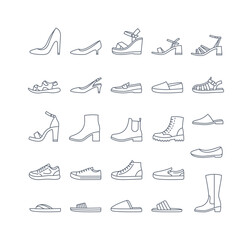 Women shoes collection. Basic types of footwear for lady. High heels, sandals, boots, flats, loafers, slippers. Simple line icons for clothing shop. Outline pictograms, editable stroke