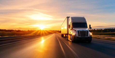 Classic semi-truck cruising on rural highway at sunset, golden sunlight, freight transport, commercial vehicle, long-distance haul, travel, logistics.
