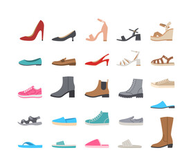 Women shoes collection. Basic types of footwear for lady. High heels, sandals, boots, flats, loafers, slippers. Simple color flat icons for clothing shop. Side view pictograms, isolated