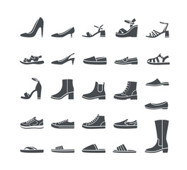 Women shoes collection. Basic types of footwear for lady. High heels, sandals, boots, flats, loafers, slippers. Simple solid silhouette icons for clothing shop. Side view pictograms, isolated