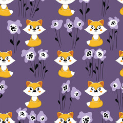 Seamless pattern with cute fox baby on color background. Funny forest animals. Card, postcards for kids. Flat vector illustration for fabric, textile, wallpaper, poster, paper
