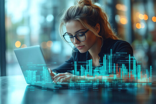 Young woman working on laptop with digital data overlay