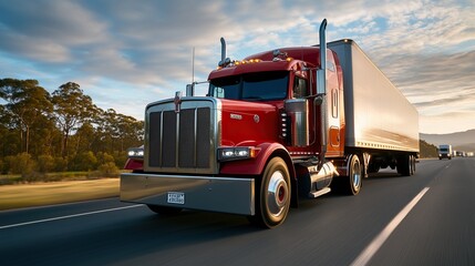 Classic semi-truck cruising on rural highway at sunset, golden sunlight, freight transport, commercial vehicle, long-distance haul, travel, logistics.