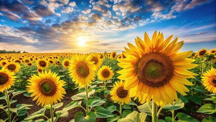 A warm and vibrant sunflower field with tall yellow flowers stretching towards the sky on a bright sunny day, happy, landscape, outdoor, sunny fields, sunshine