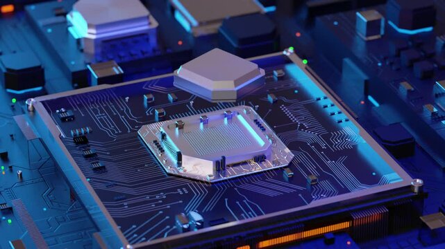 3D Rendering falling down installation CPU chipset on the motherboard for cyber futuristic and AI Artificial technology concept